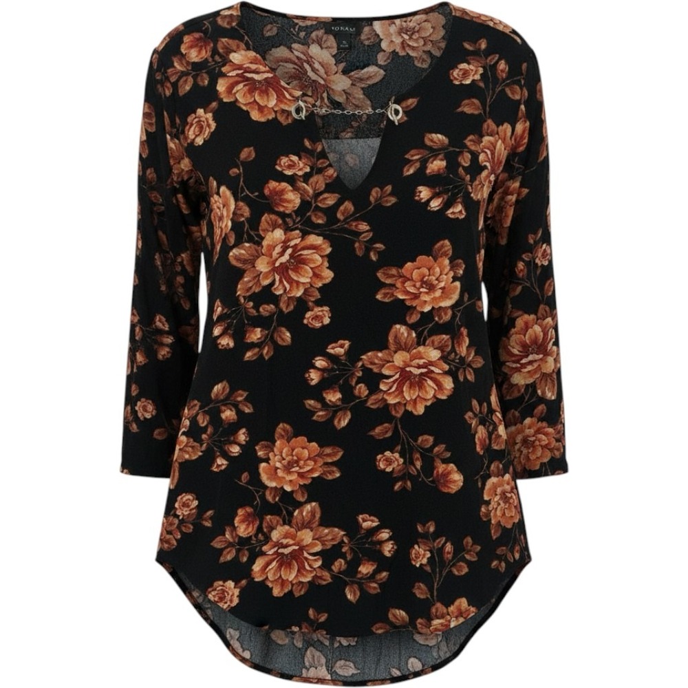 Torrid Size XL Black Floral Print V Neck Chain Detail Long Sleeve Tunic Top